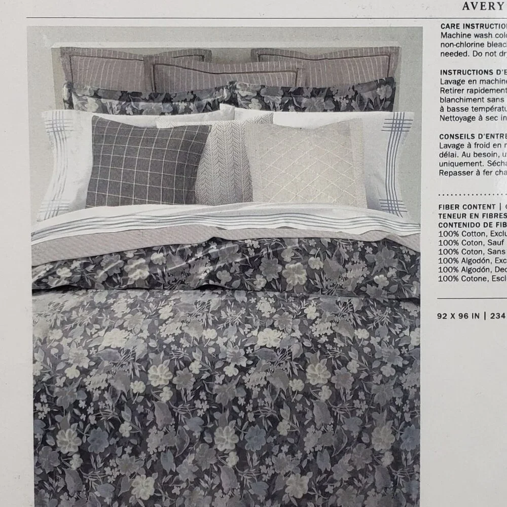 Ralph Lauren Home Avery Full/Queen Duvet Cover Grey Floral Chrysanthemum Heather